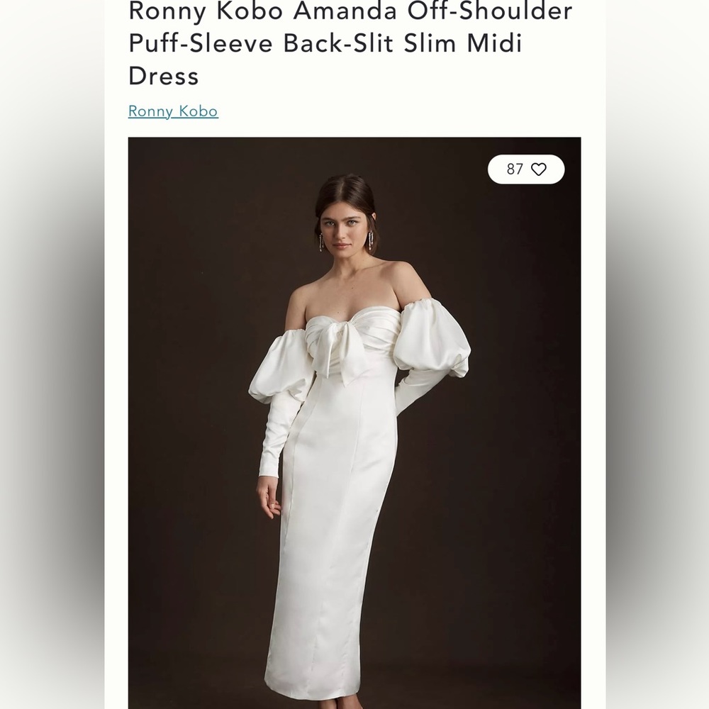 Ronny Kobo Amanda Off-Shoulder Puff-Sleeve Back-Slit Slim Midi Dress